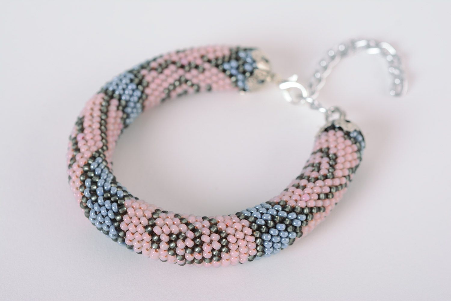 Beautiful women's handmade beaded cord wrist bracelet woven of Czech beads photo 1