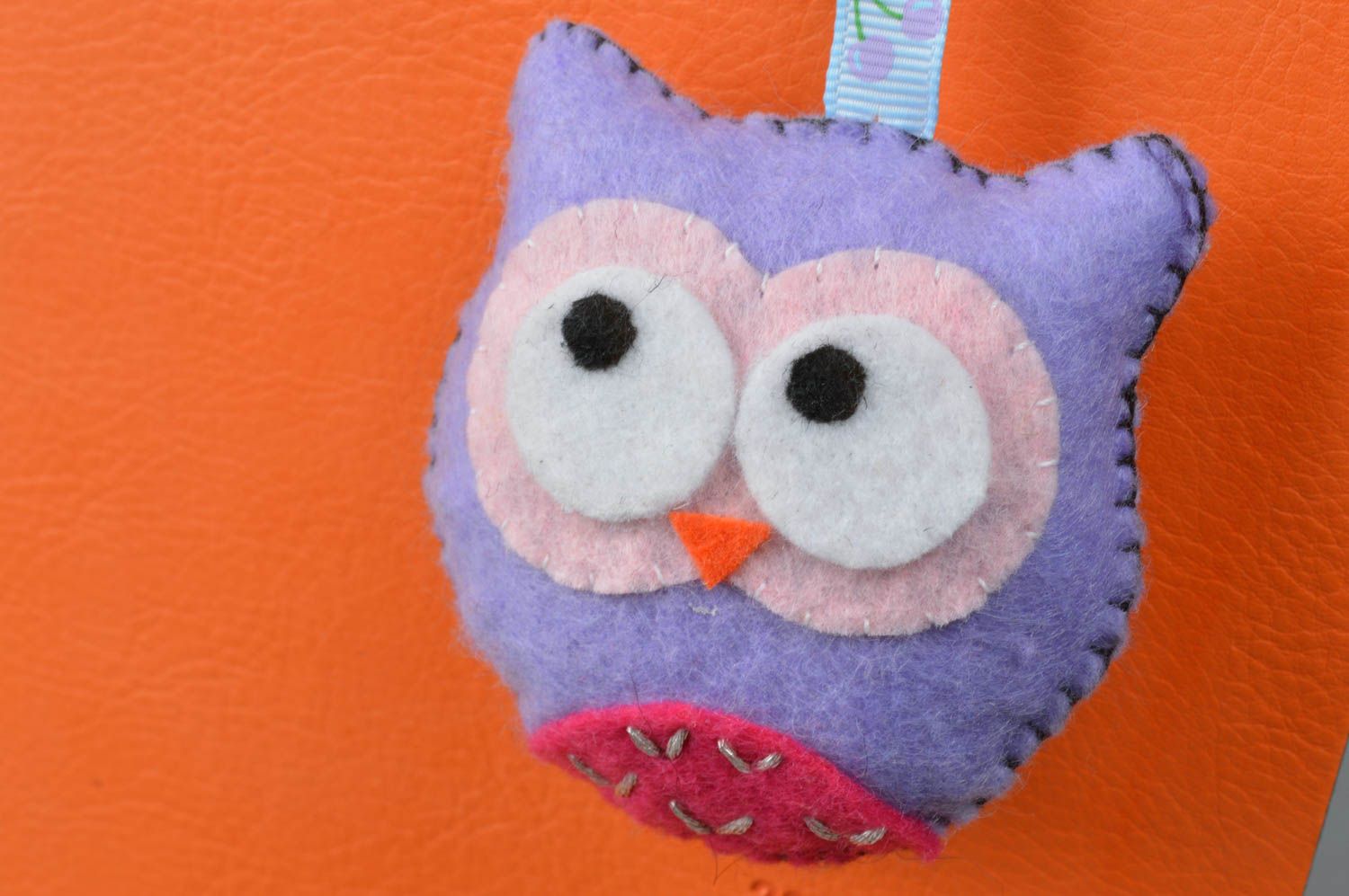 Unusual handmade felt soft bookmark of purple color in the shape of owl photo 3