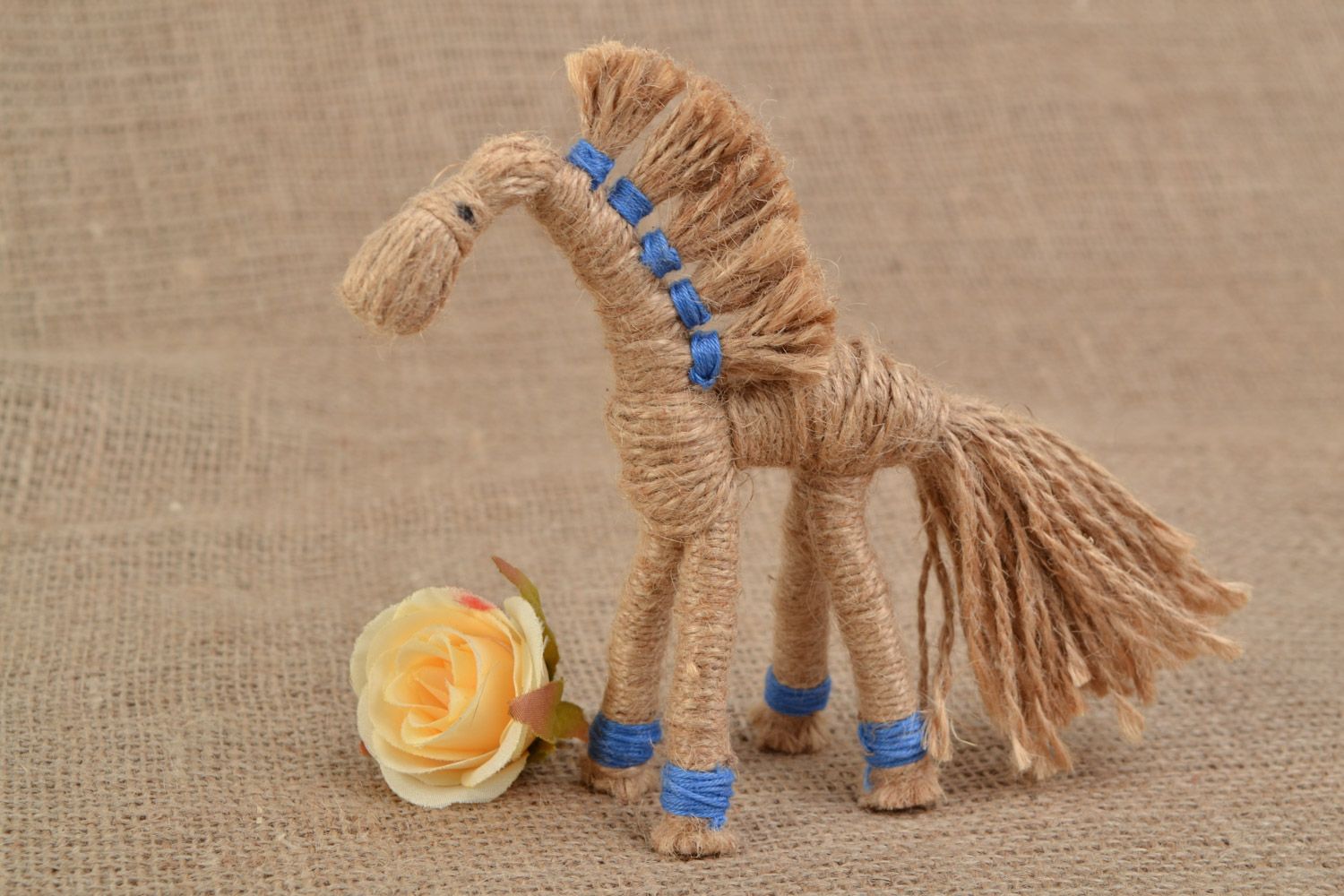 Handmade toy Horse woven of waxed cord and string in Ukrainian ethnic style photo 1