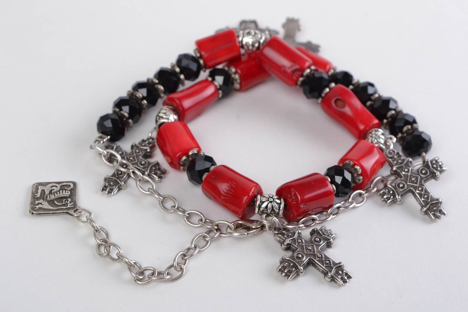 Handmade natural coral bead necklace with metal cross charms and Czech glass photo 4