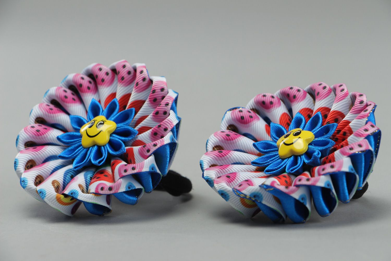 Set of colorful handmade hair ties with kanzashi flowers for little girls 2 items photo 2