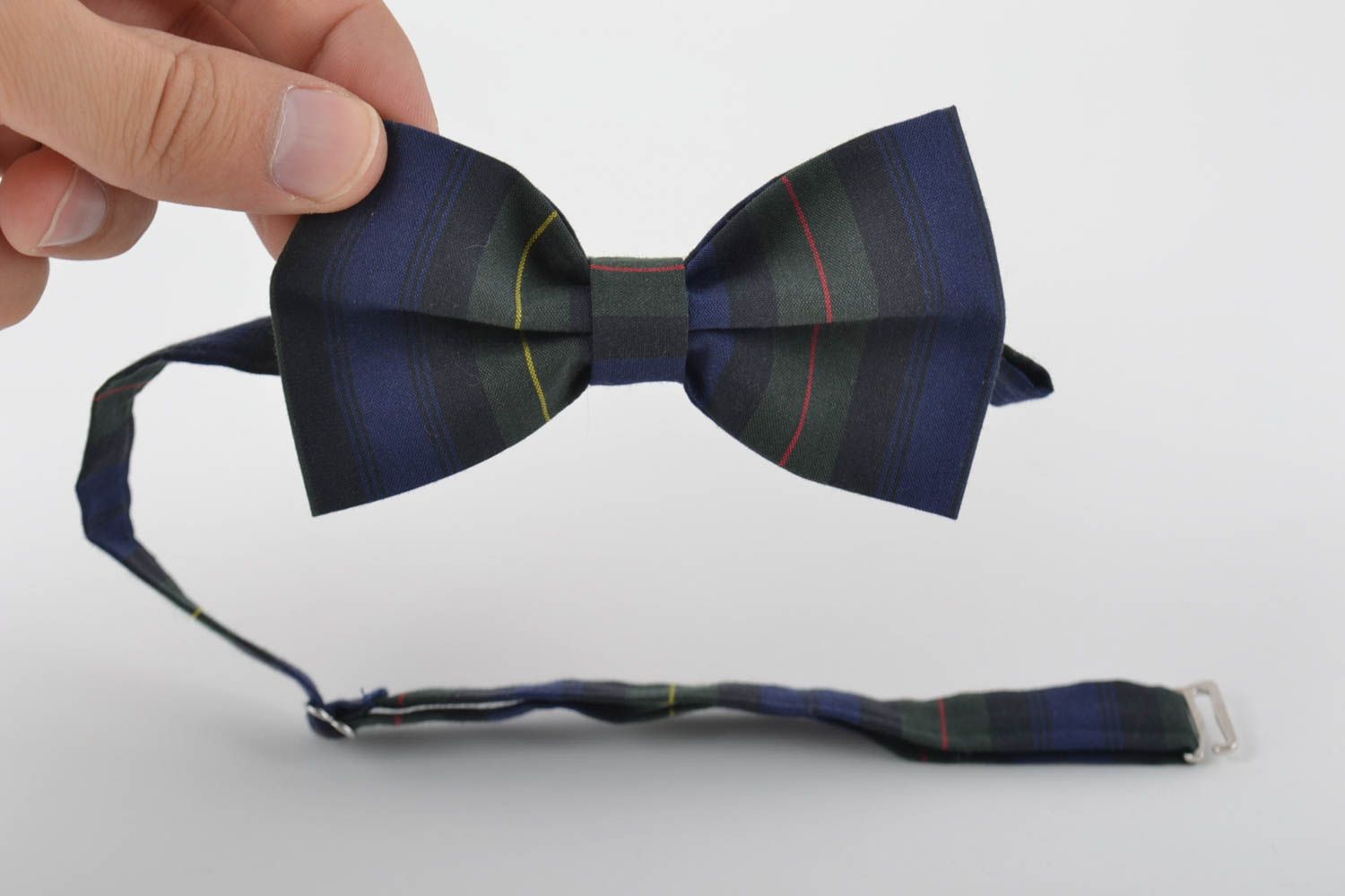 Unusual beautiful handmade designer striped fabric bow tie of dark color photo 4