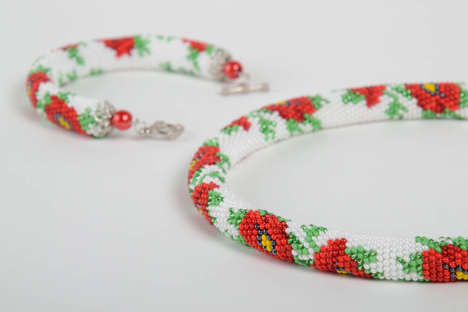 Unusual handmade woven beaded cord necklace and bracelet designer jewelry set photo 5