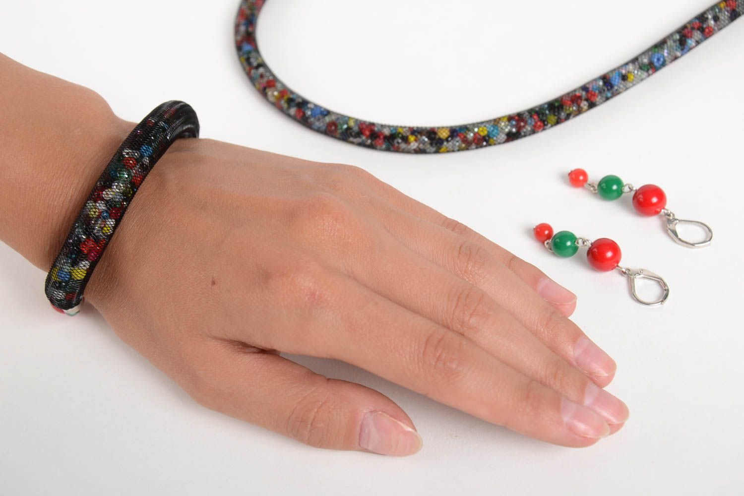 Handmade Jewelry Felted Bead Necklace ~ Earrings ~ Bracelet Multicolour Felt Jewellery Set