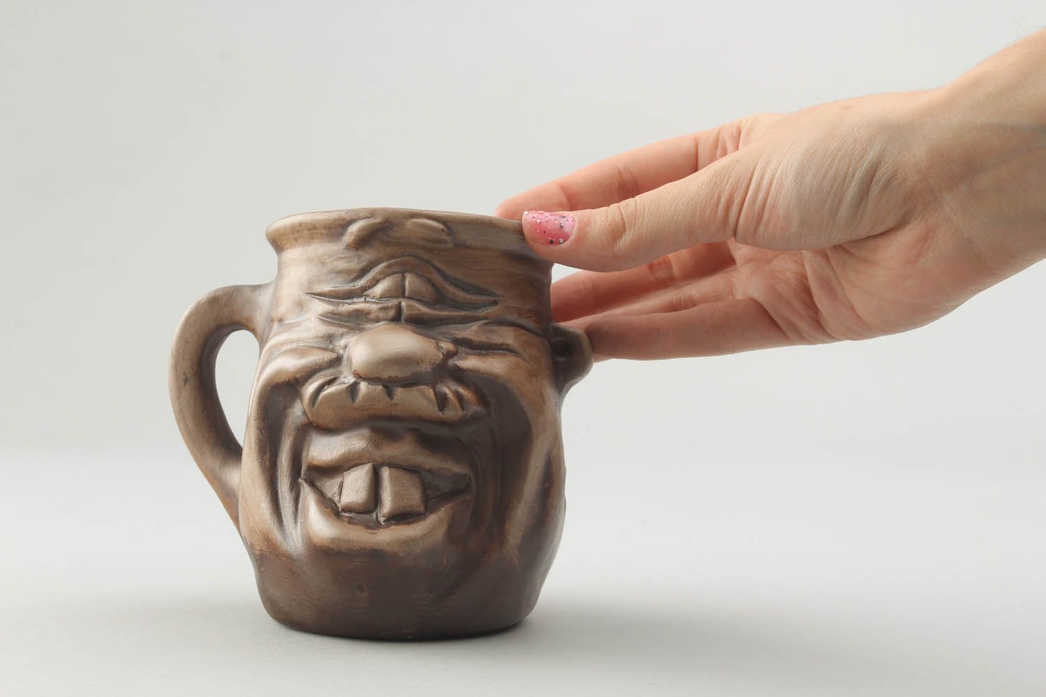 White clay cup with the molded funny face and handle. Great gift for a man. photo 2