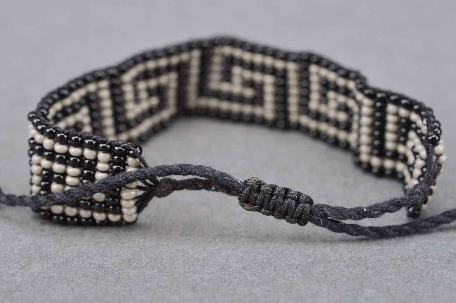 Handmade wide woven bead bracelet with ties in antique style photo 5
