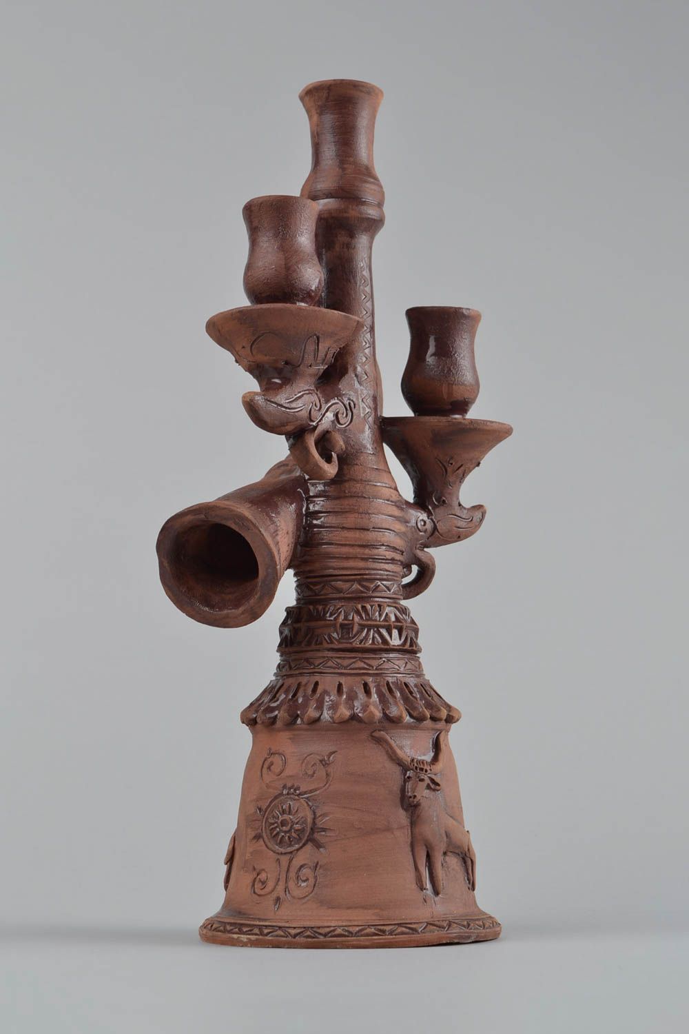 Candelero de arcilla marrón hecho a mano esmaltado original para tres velas  foto 4