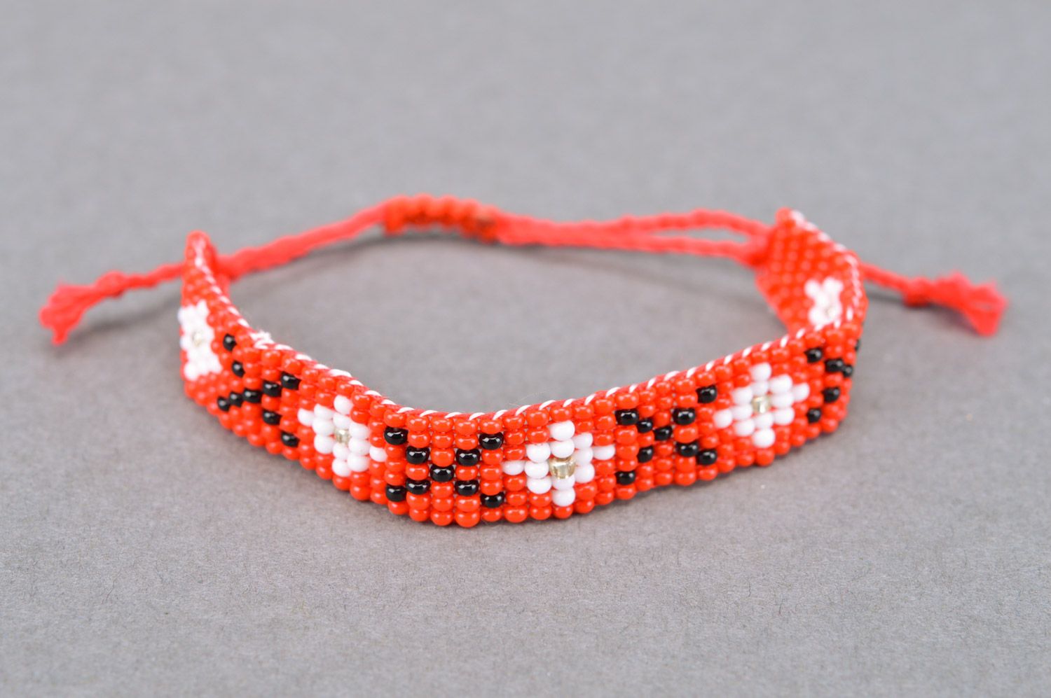 Beautiful red handmade wide woven Czech bead bracelet with ties photo 2
