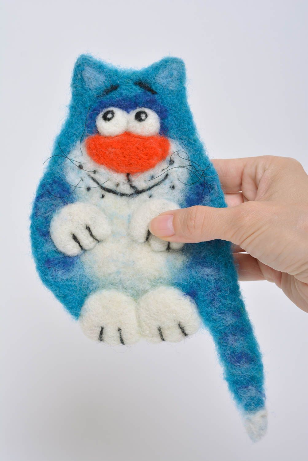 Handmade decorative soft toy fridge magnet felted of natural wool blue cat photo 3