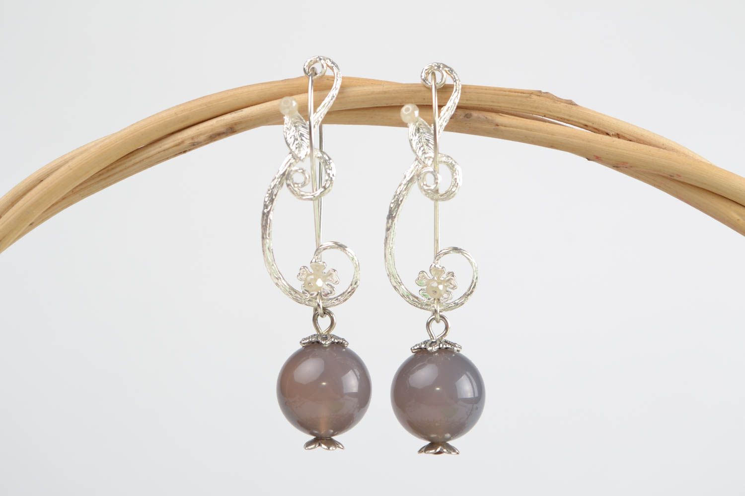 Handmade exquisite dangling earrings with fancy fittings and gray agate beads photo 1