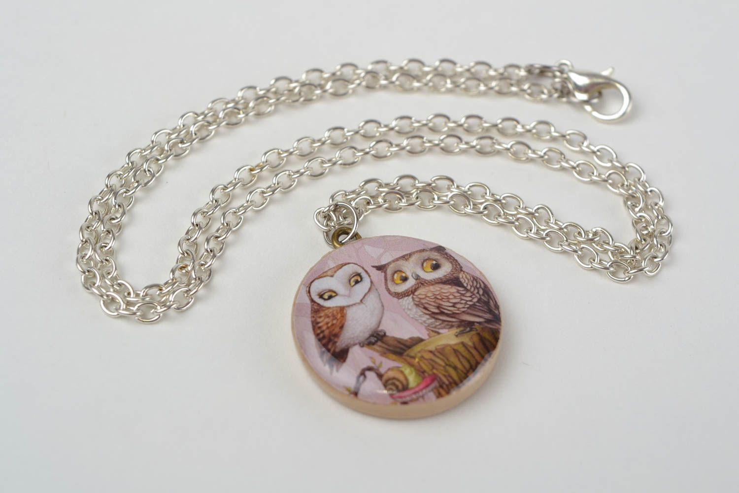 Handmade round decoupage polymer clay designer pendant with owls image on chain photo 5