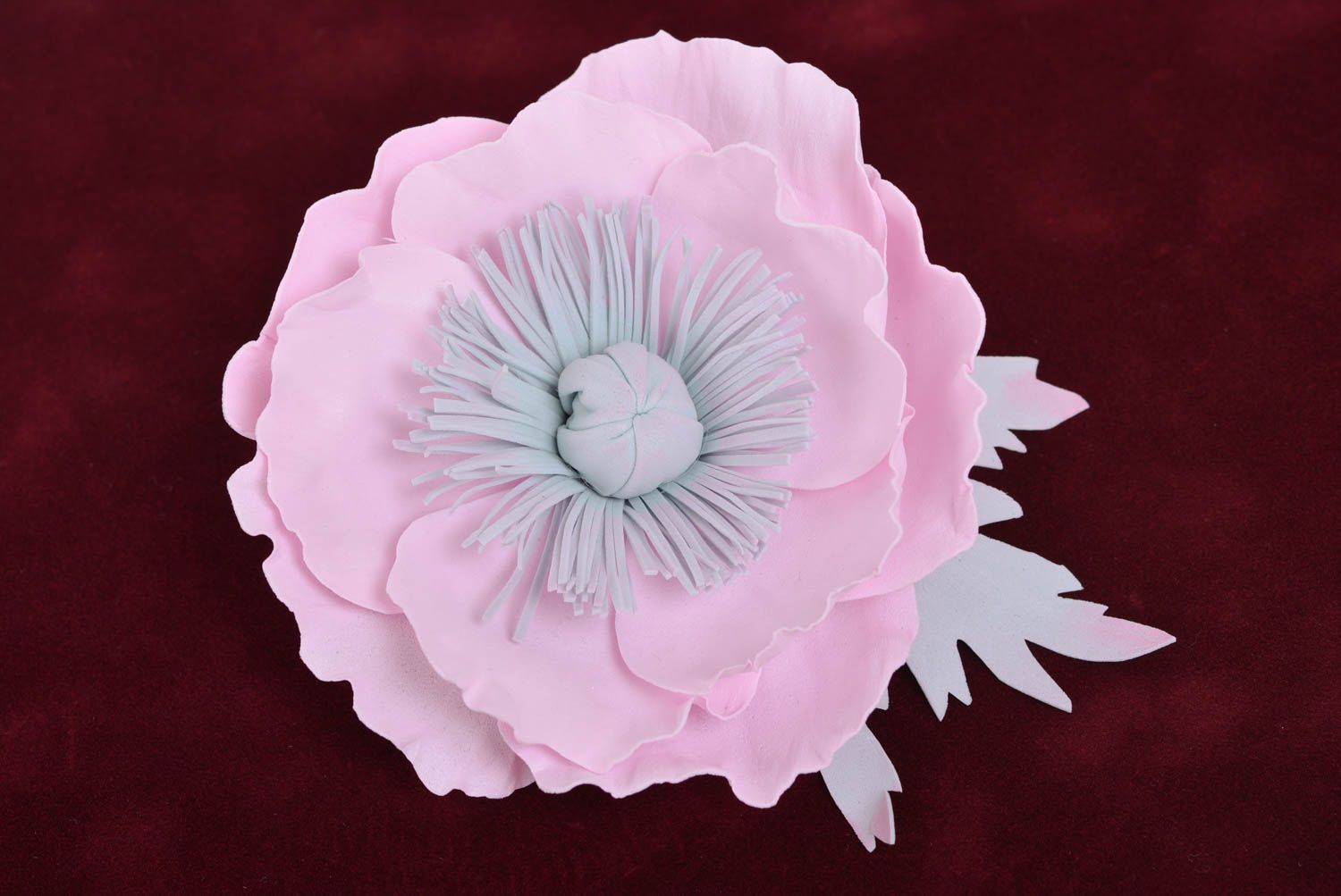 Handmade designer hair clip with large tender pink foamiran poppy flower photo 5