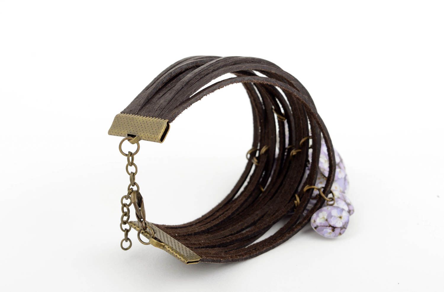 Bracelet cuir marron Bijou fait main large breloques à motif floral Cadeau femme photo 4