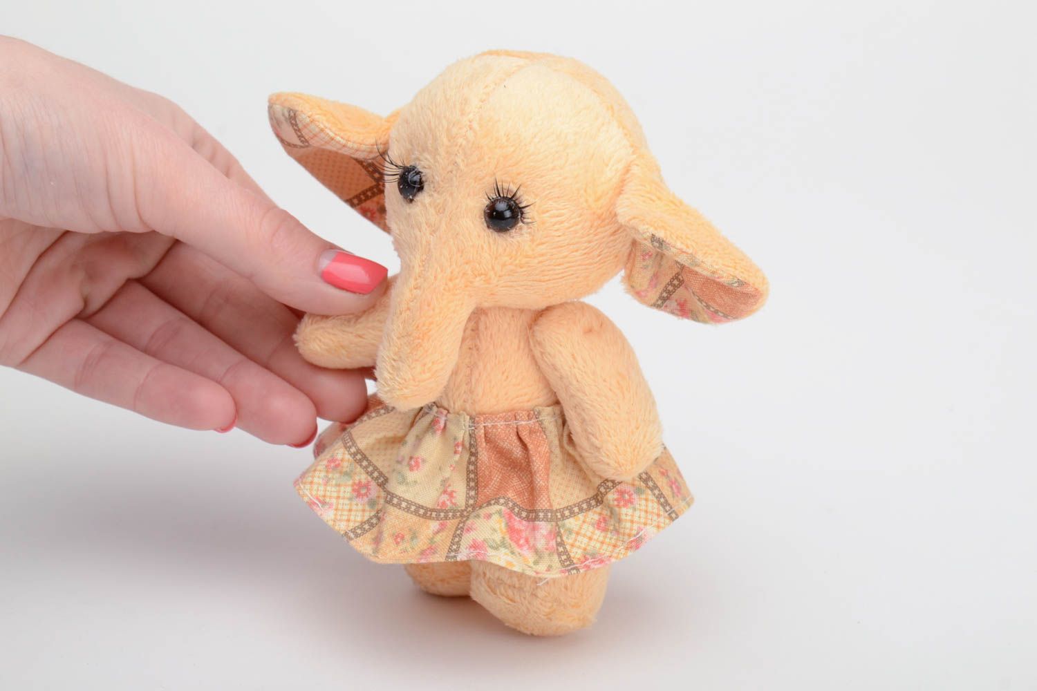 Handmade small plush soft toy elephant girl of peach color in skirt photo 5