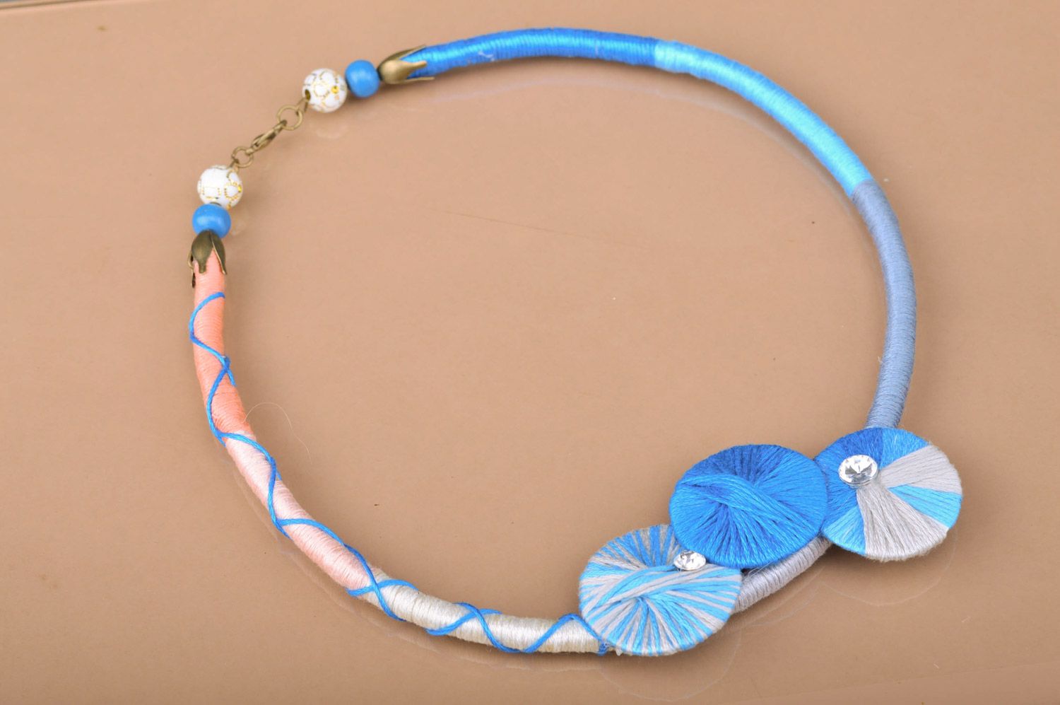 Handmade embroidery threads laconic necklace in blue color palette for women photo 3