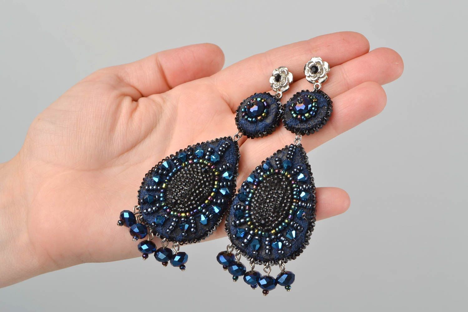 Handmade long festive designer bead embroidered drop shaped dangle earrings photo 2