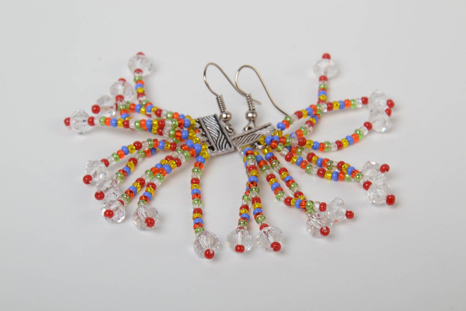 Multicolored handmade designer earrings with fringe woven of Czech beads photo 5