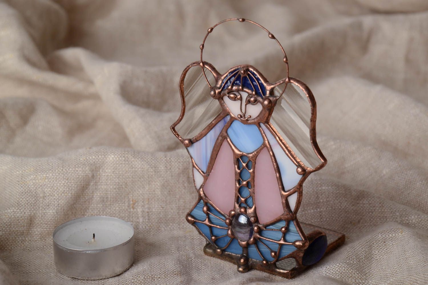 Handmade designer stained glass candle holder in violet color shades Angel photo 1