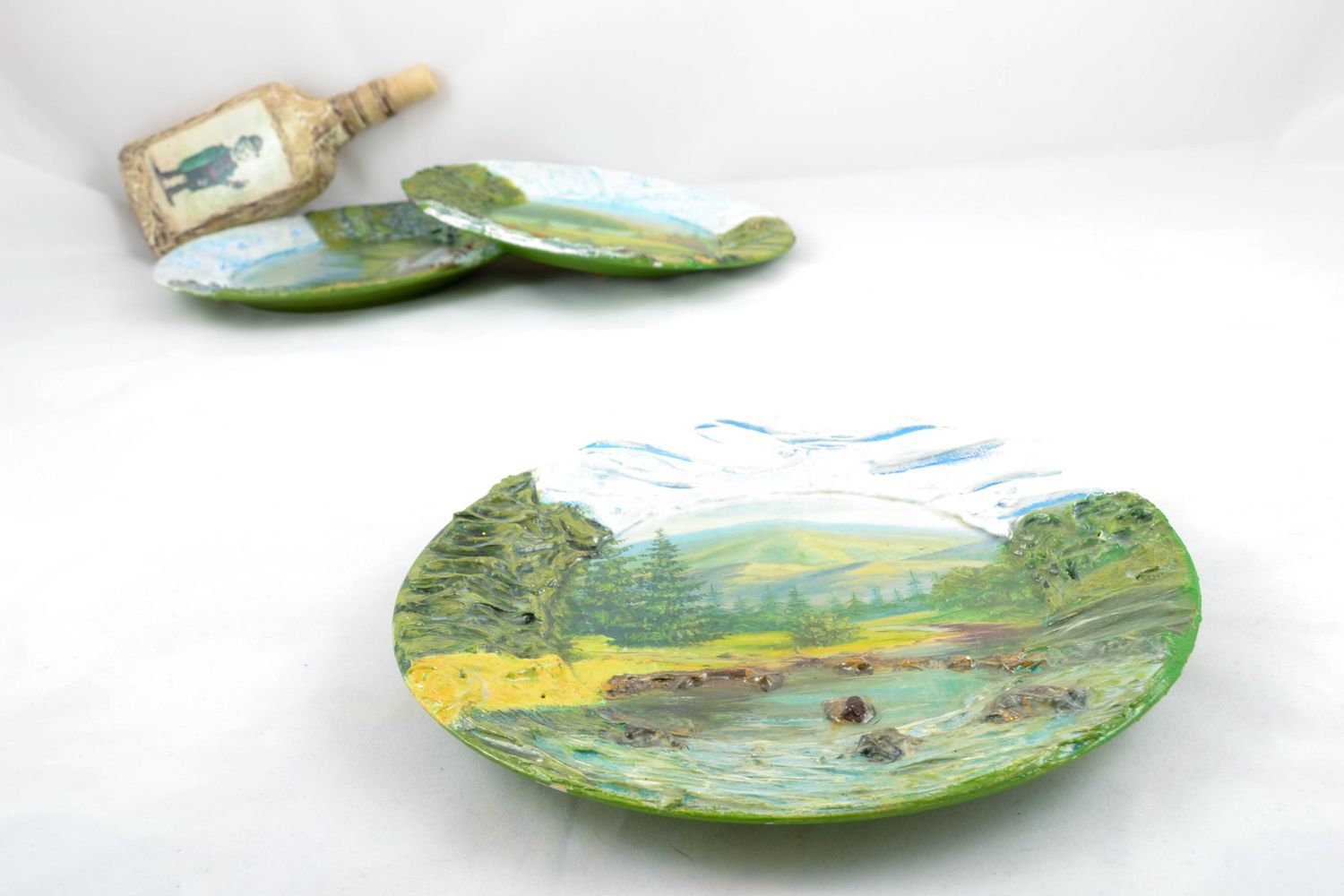 Porcelain wall plate decorated using decoupage technique Morning in Mountains photo 3
