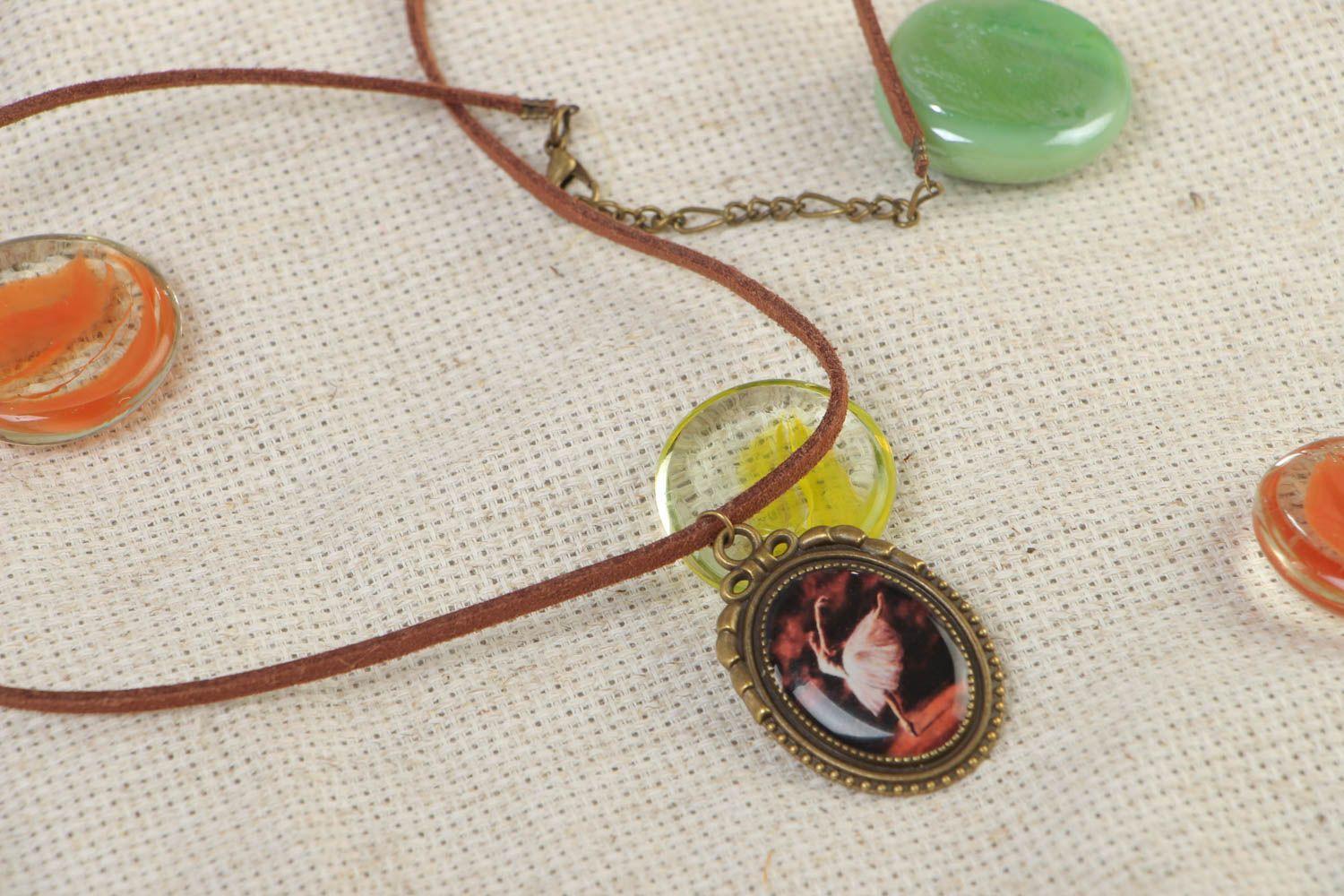 Handmade oval metal pendant necklace coated with glass glaze in vintage style photo 1
