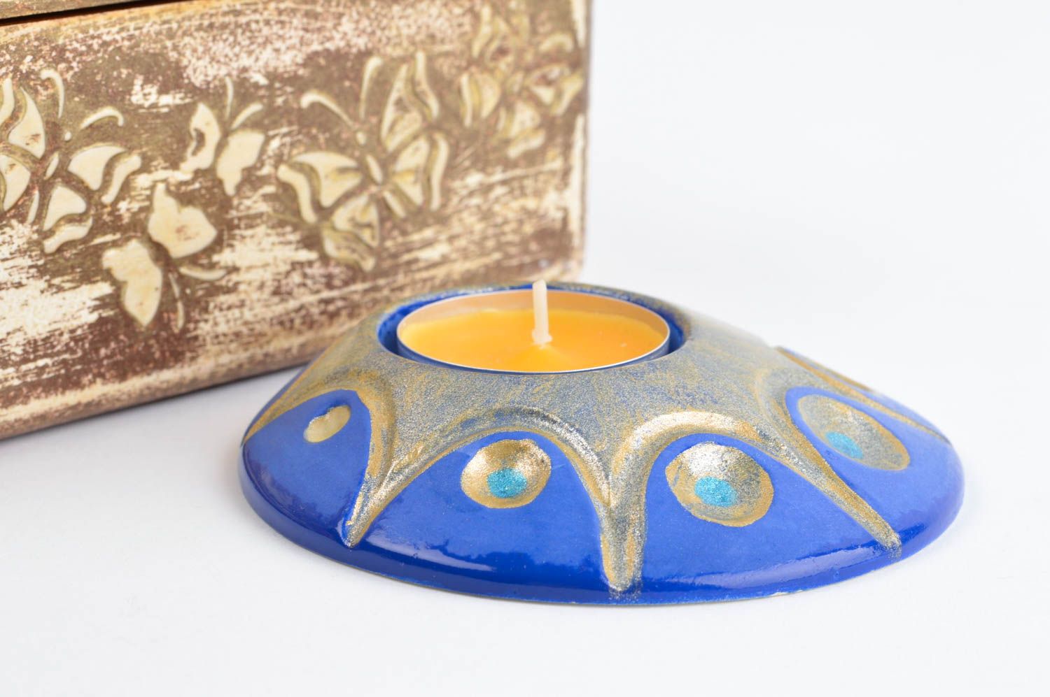 Deko Kerzenhalter handmade Kerzenständer aus Gips Kerzenständer Teelicht in Blau foto 1