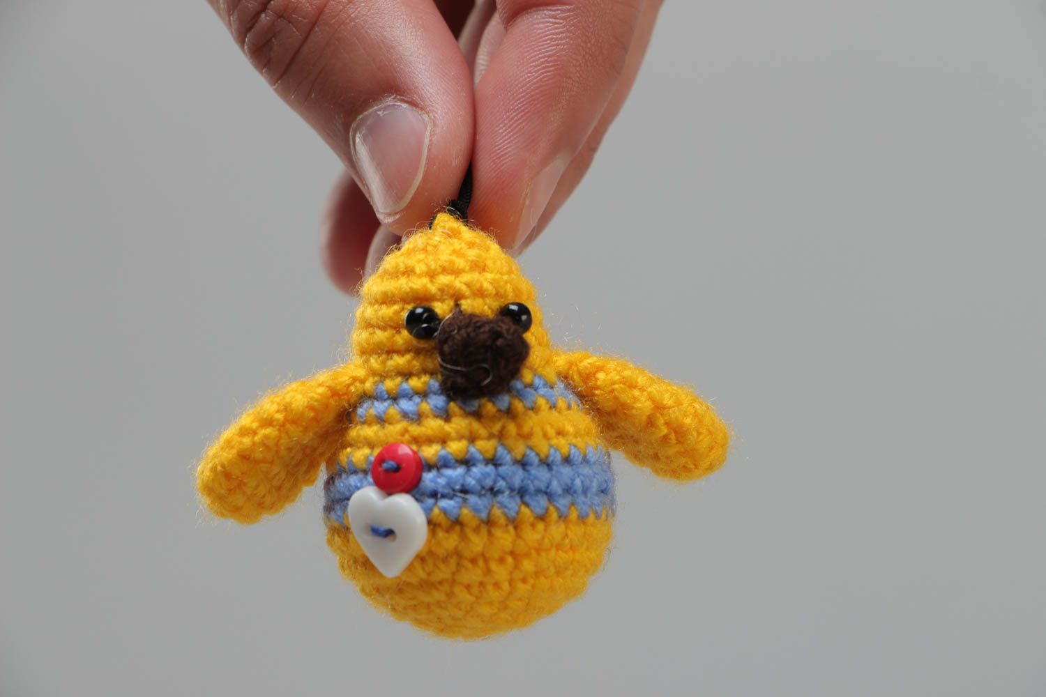 Handmade crocheted soft toy keychain in the shape of small yellow chicken photo 5