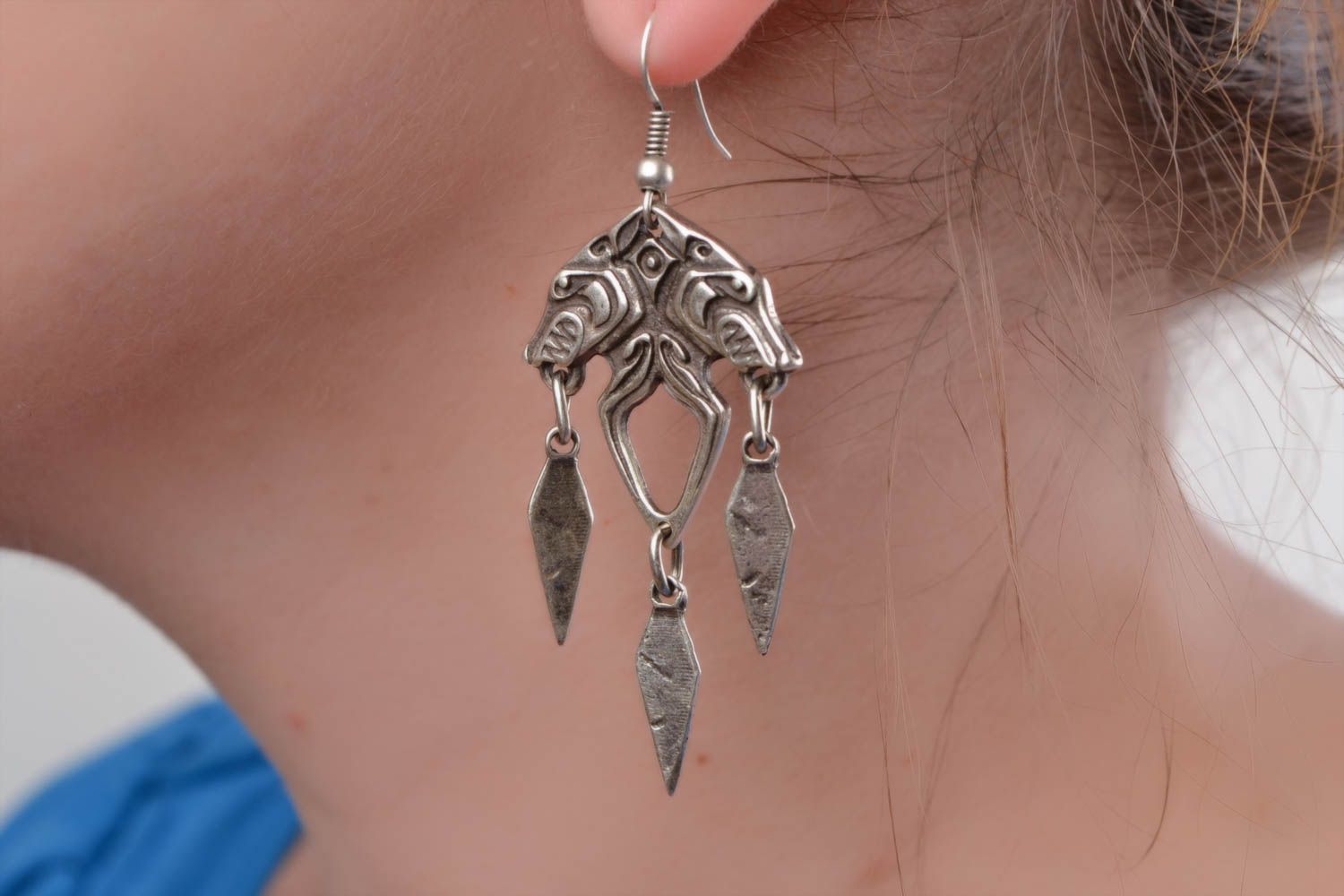 Unusual beautiful handmade designer metal dangle earrings photo 1