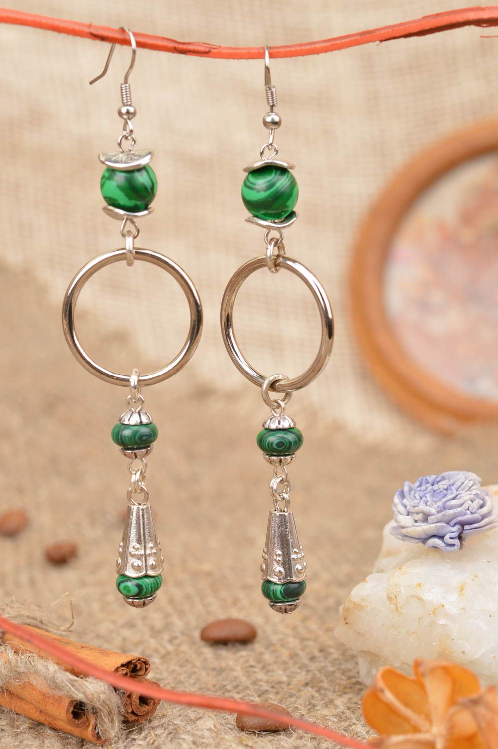 Beautiful handmade long metal hoop earrings with green beads photo 1