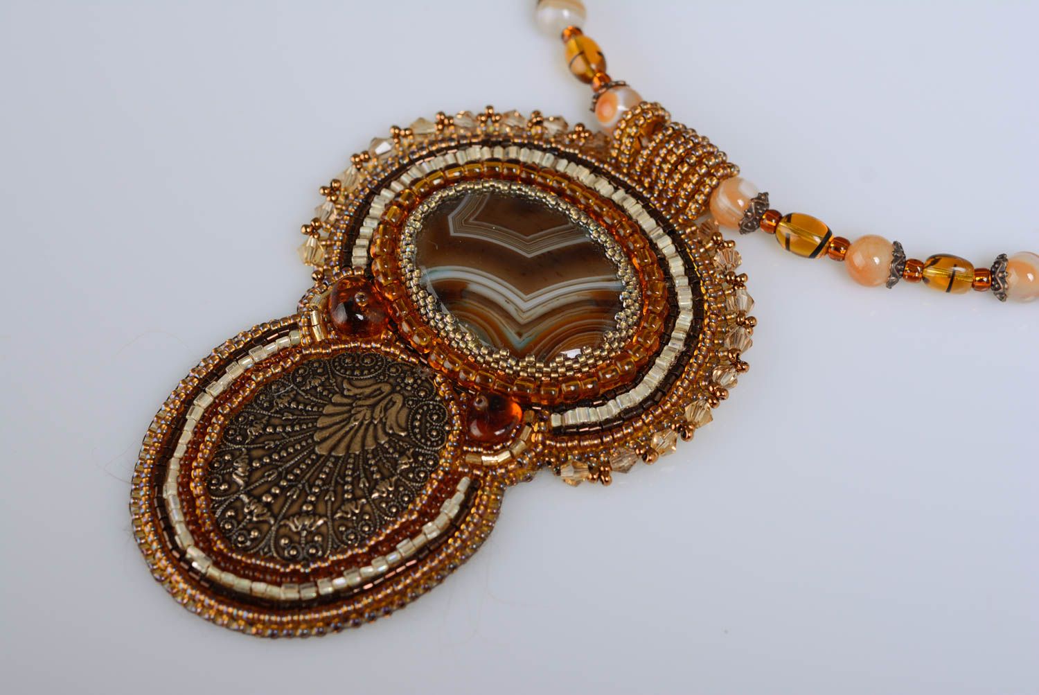Handmade designer bead embroidered necklace with natural agate of terracotta color photo 2