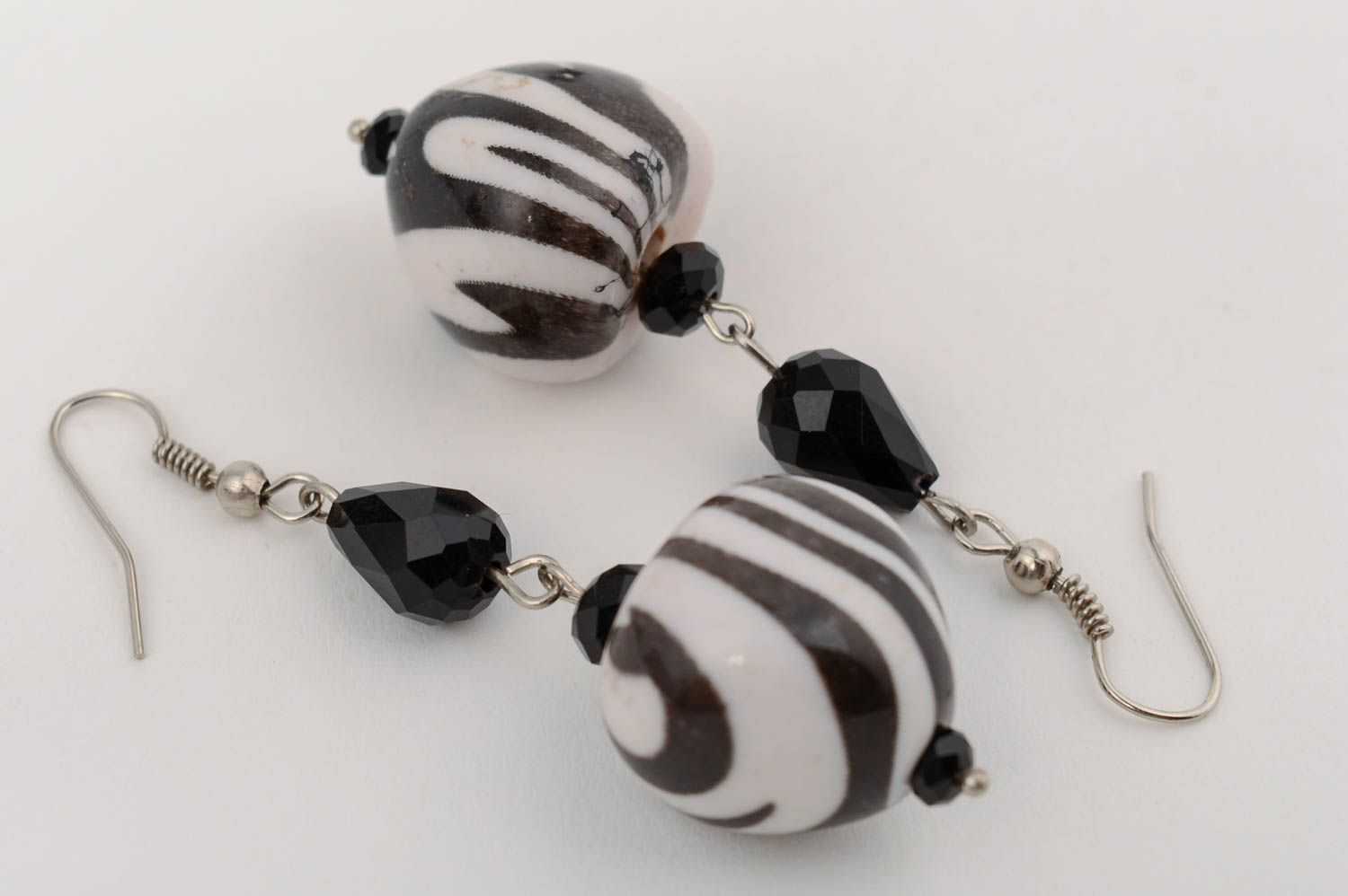 Handmade black and white Czech crystal and plastic heart shaped earrings  photo 2