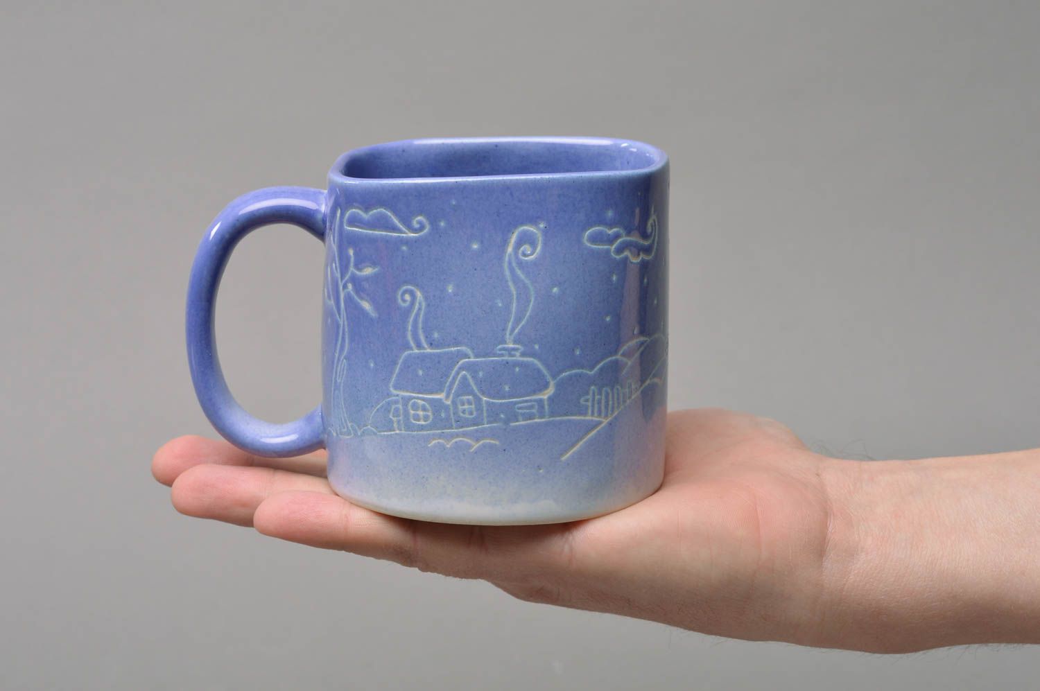 Porcelain ceramic blue color drinking mug with handle photo 4