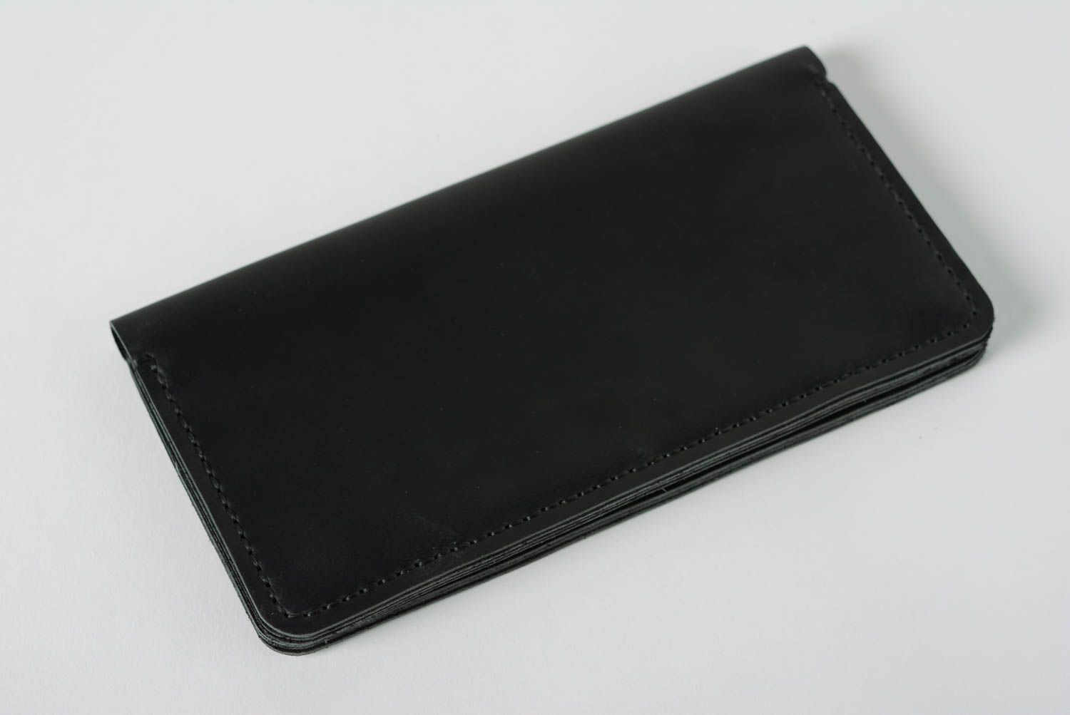 Handmade designer large laconic genuine leather wallet of black color  photo 2