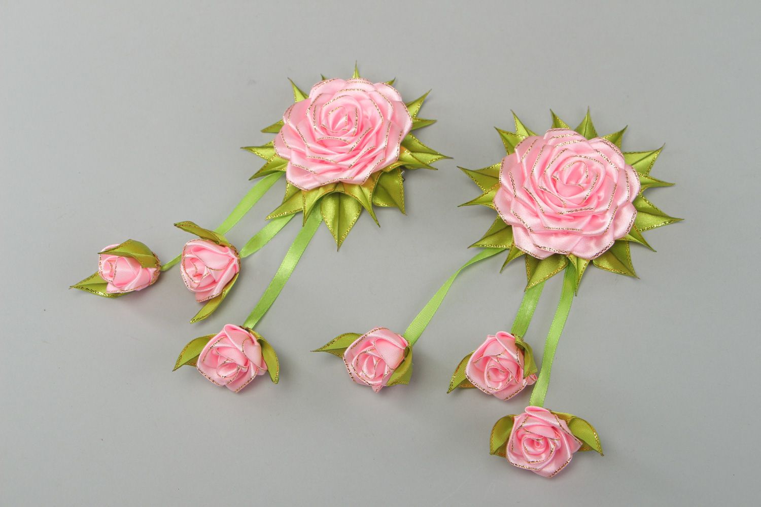 Set of handmade hair clips with tender pink satin kanzashi flowers 2 items photo 1