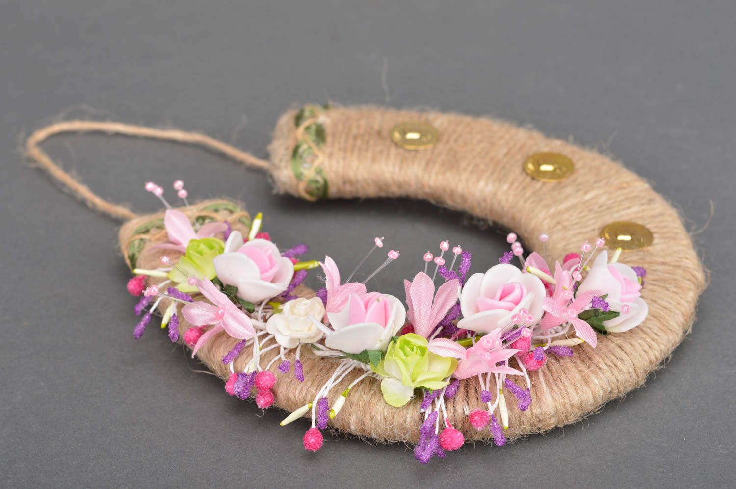 Handmade Hufeisen Anhänger Wand Deko Wohn Accessoire mit Blumen Zum Glück foto 3