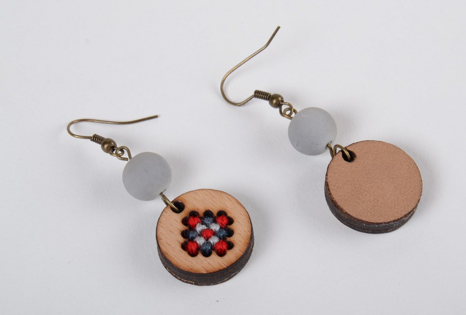 Round wooden earrings with cross stitch embroidery and beads for women photo 4