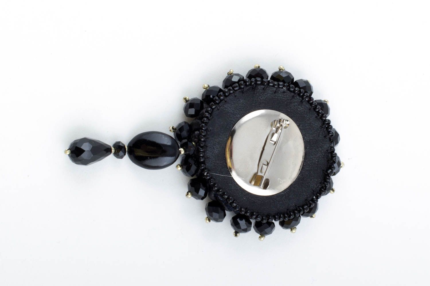 Handmade black agate and crystal bead brooch on leather basis for fashionista photo 3