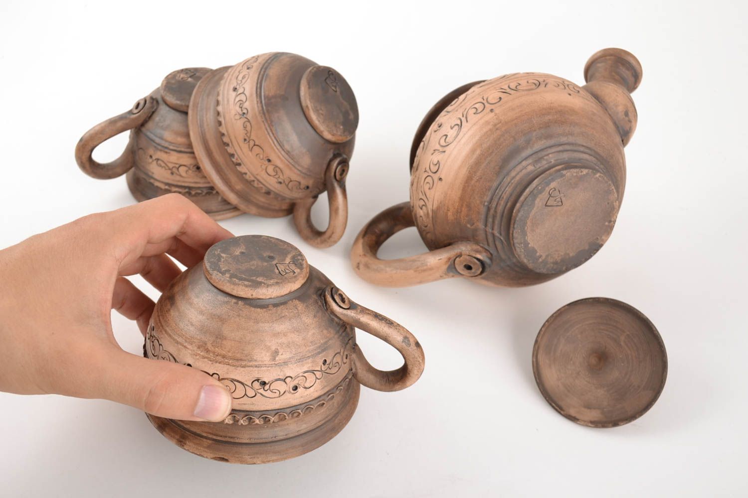 Керамический набор посуды чайник и чашки 3 шт ручной работы 500 мл и 250 мл фото 5