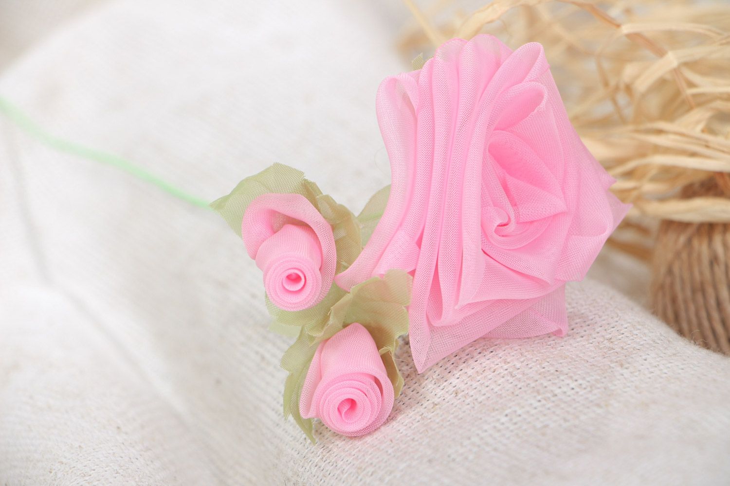 Искусственная роза из шифона розовая ручной работы нежная красивая с бутончиками фото 1