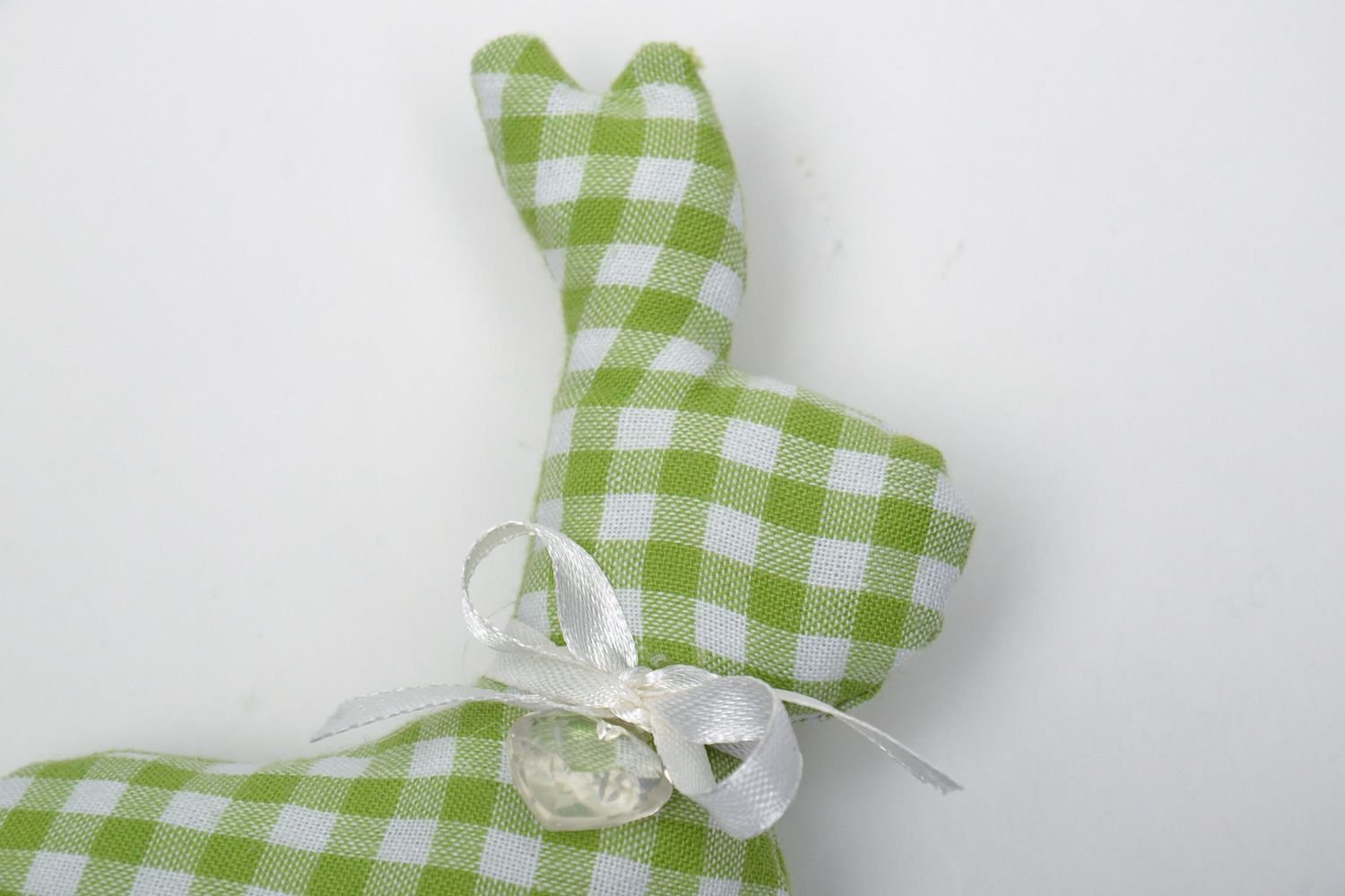 Handmade interior soft toy sewn of checkered green fabric in the shape of rabbit  photo 4