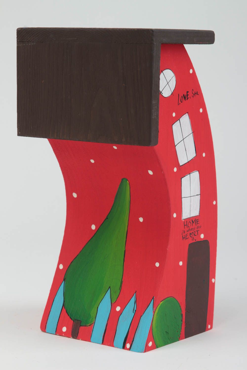 Maisonnette en bois fait main Petite statuette peinte rouge Déco intérieur photo 2