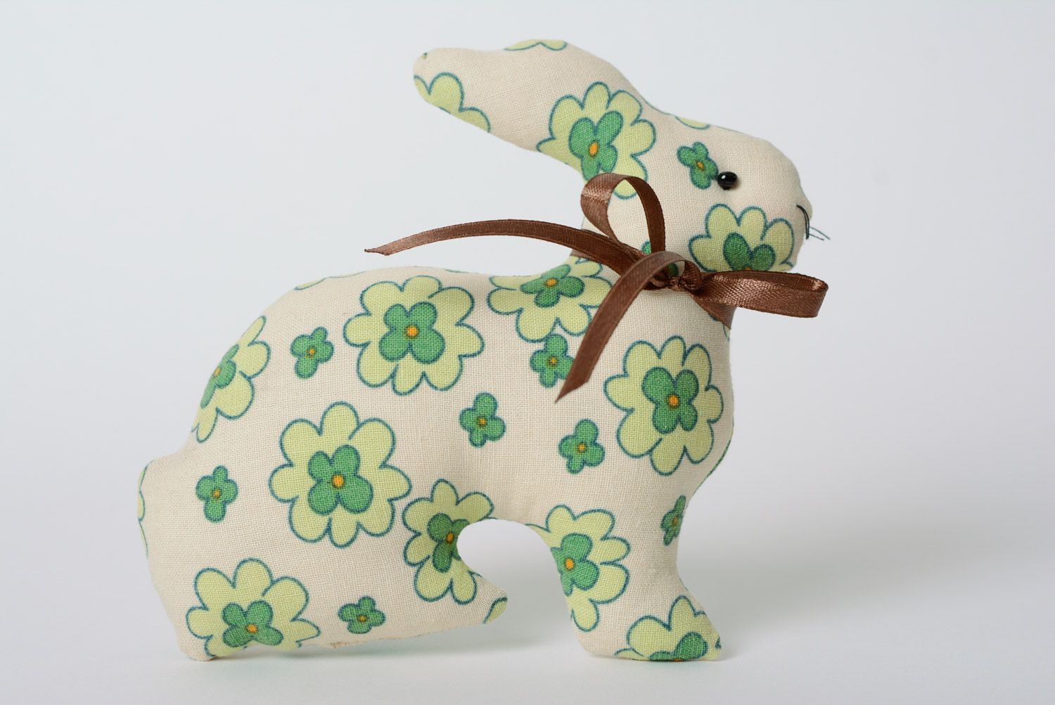 Handmade cotton fabric soft toy hare of green color with flower print photo 5