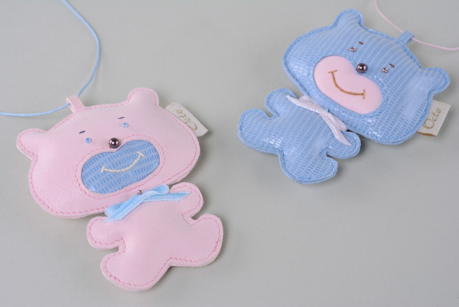 Homemade genuine leather key fob in the shape of cute pink bear charm for bag photo 5