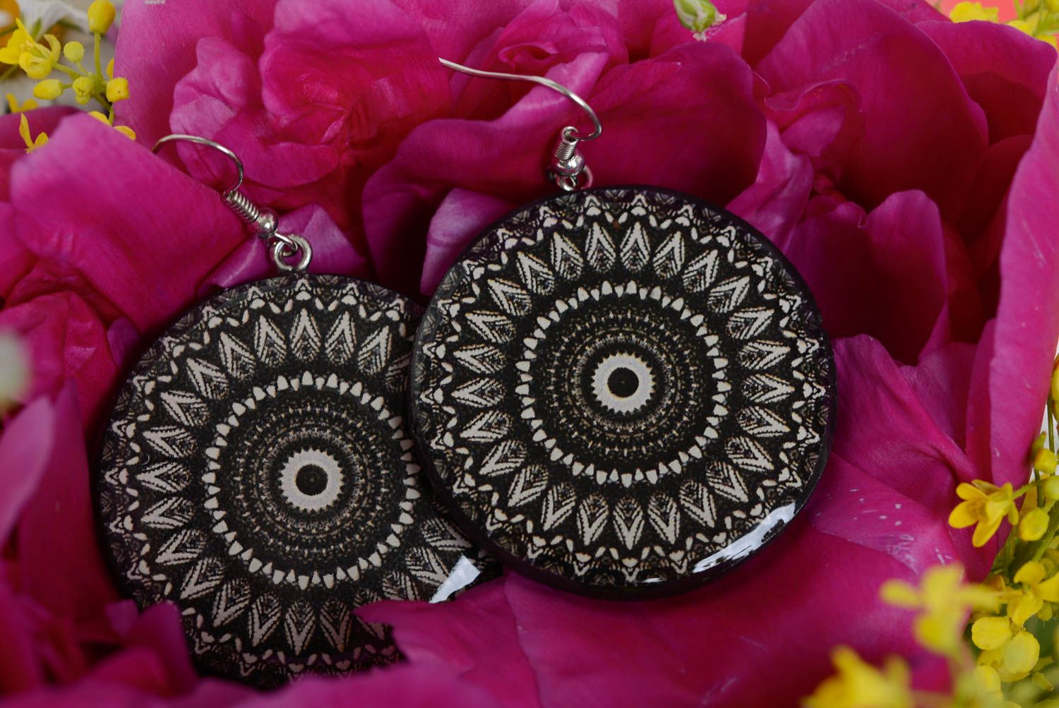 Earrings made of polymer clay with decoupage handmade black and white jewerly photo 2