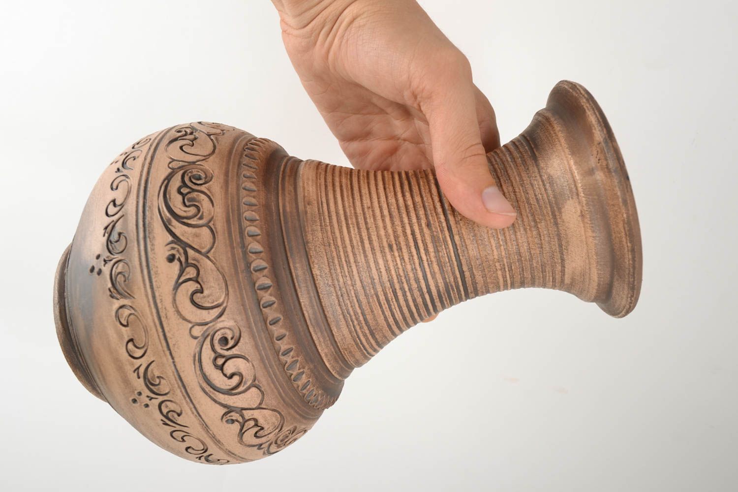 Originelle braune schöne Vase aus Ton mit Ornament 1 L Handarbeit Ethno Stil foto 5
