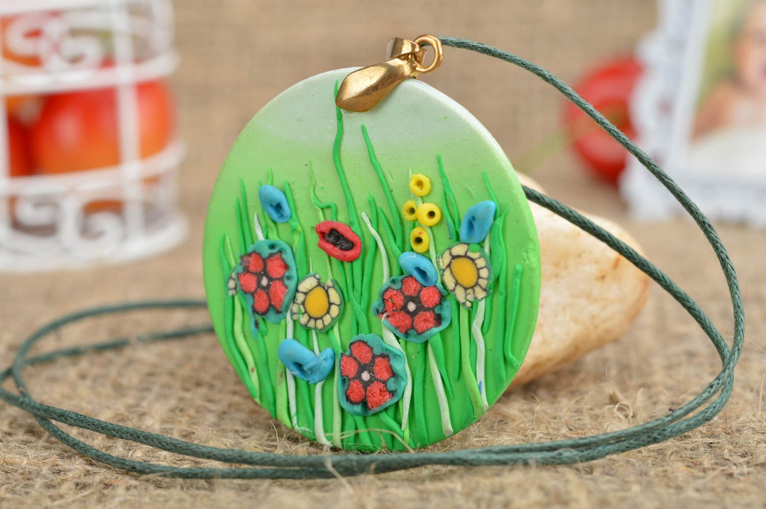 Pendant made of polymer clay handmade summer accessory Spring Glade photo 1