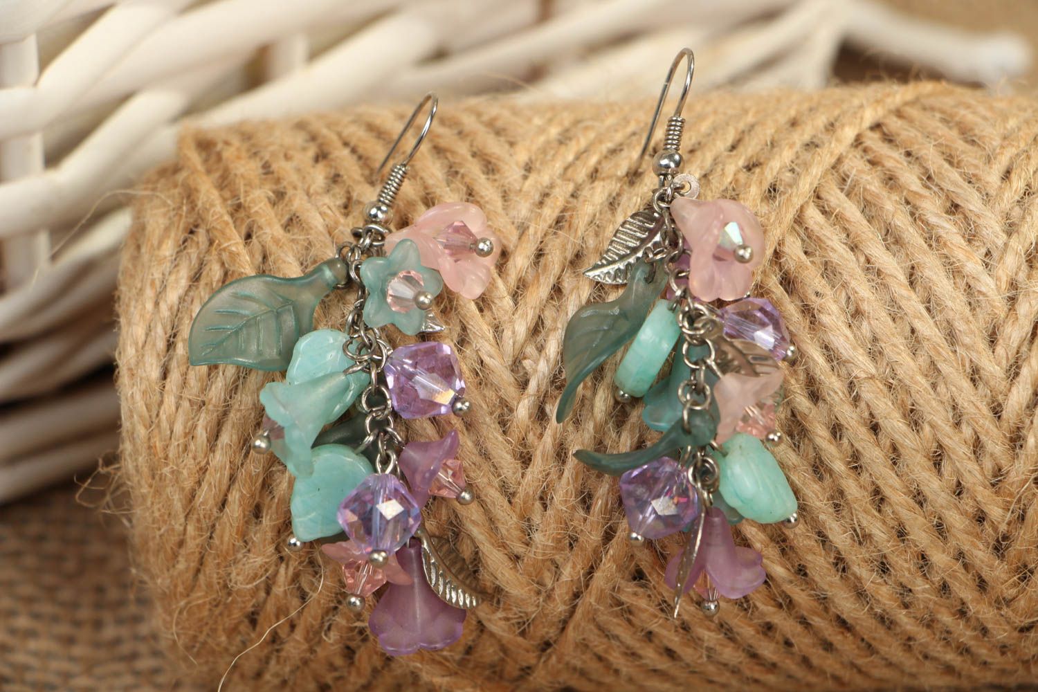 Earrings with plastic beads and flowers photo 3