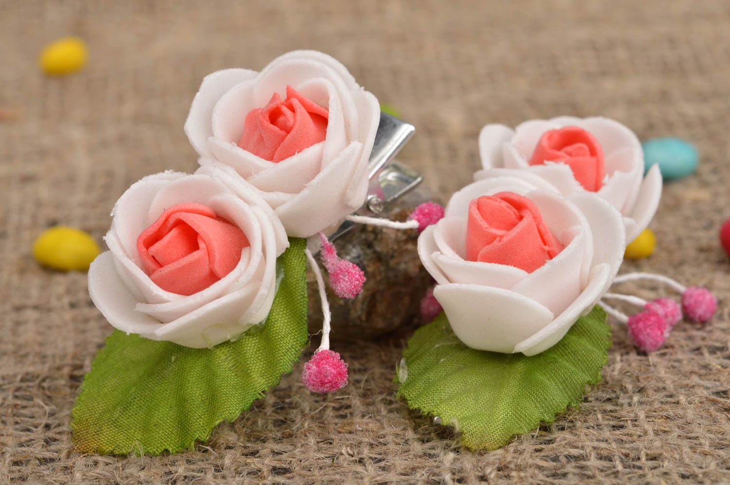 Blumen Haarspangen Set weiß rosa Rosen für Kinder Geschenk handgemacht schön foto 1