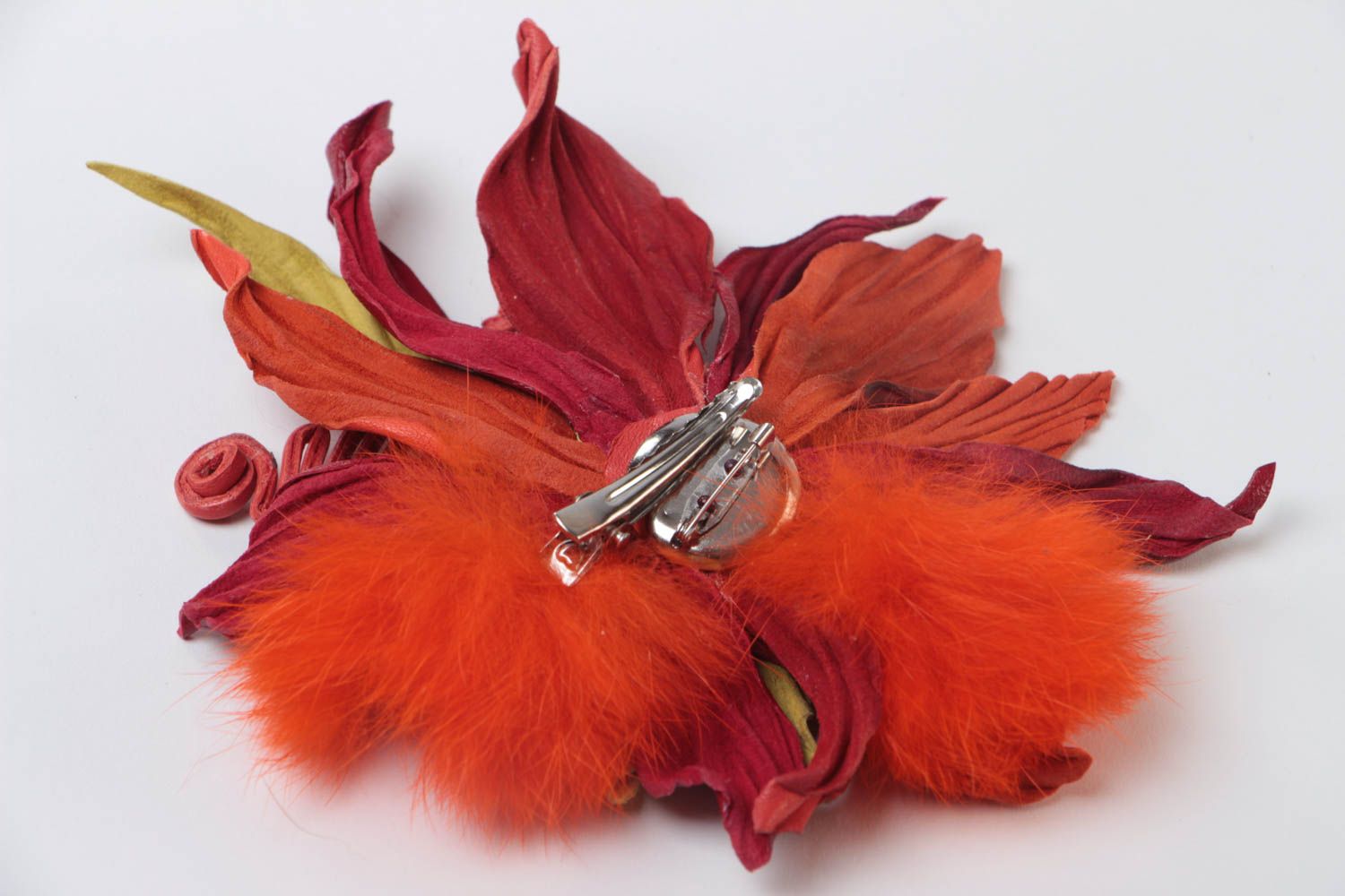 Large handmade designer genuine leather flower brooch hair clip red photo 4