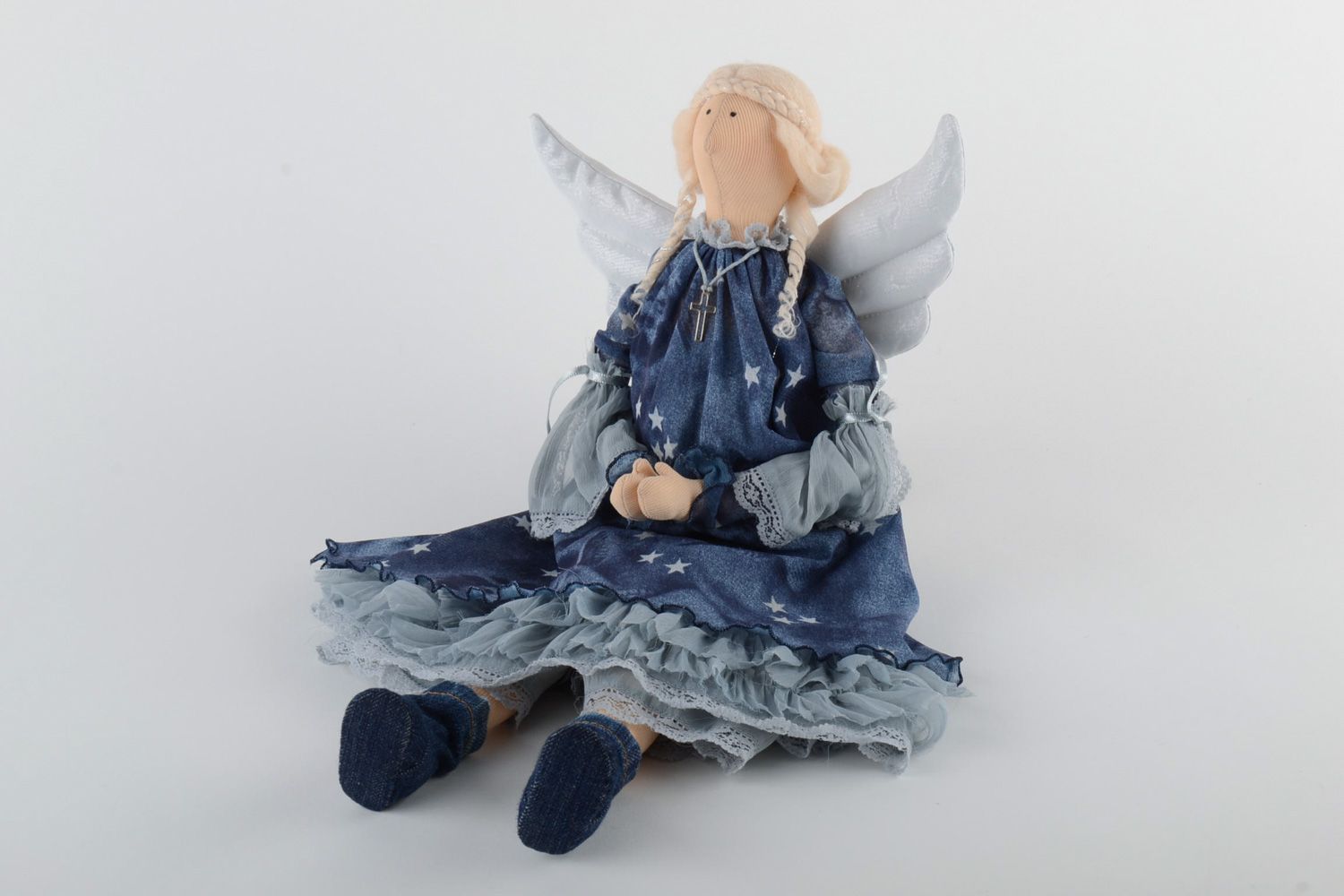 Handmade interior soft doll Angel sewn of fabrics with metal frame and woolen hair photo 2