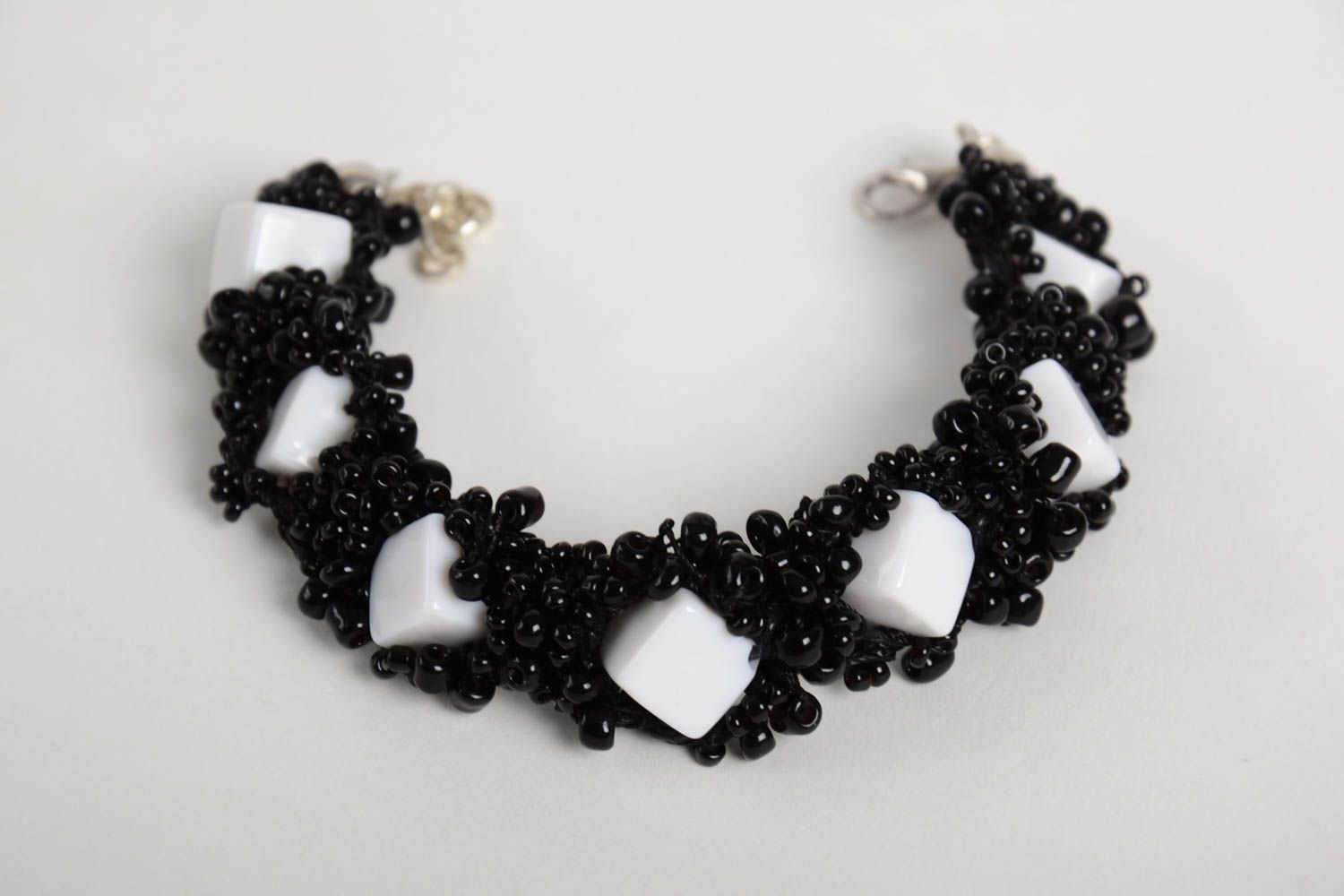 Handmade unusual elegant bracelet black and white bracelet beaded accessory photo 5